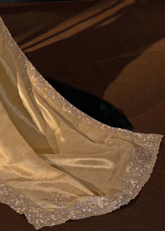 Close-up of a cream colored luxury kanjivaram silk saree pallu featuring a heavily embellished, beaded border, with sequins and swarovski stonework highlights.