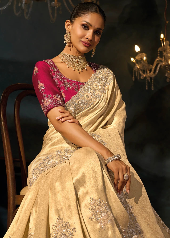 A woman seated on a wooden chair wearing an ornate cream kanjivaram silk saree with peach-gold hand embroidered sequins embroidery and a deep red blouse with floral embroidery, styled with traditional indian bridal jewelry in a dimly lit interior.