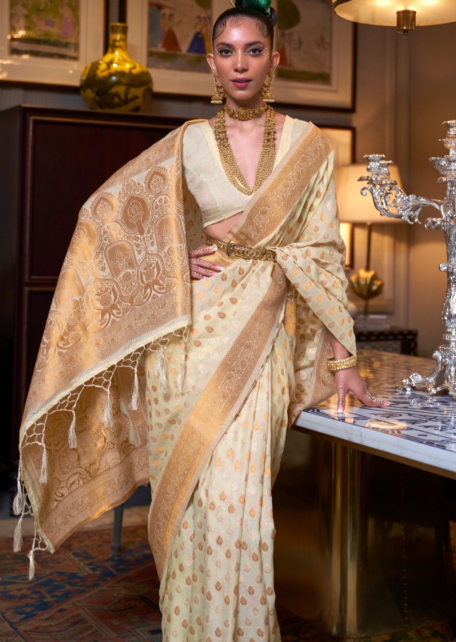 Cream khaddi georgette banarasi saree blouse designs online price.