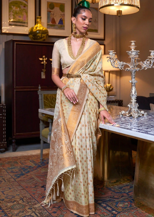 Woman's cream khaddi georgette banarasi saree online shopping india.