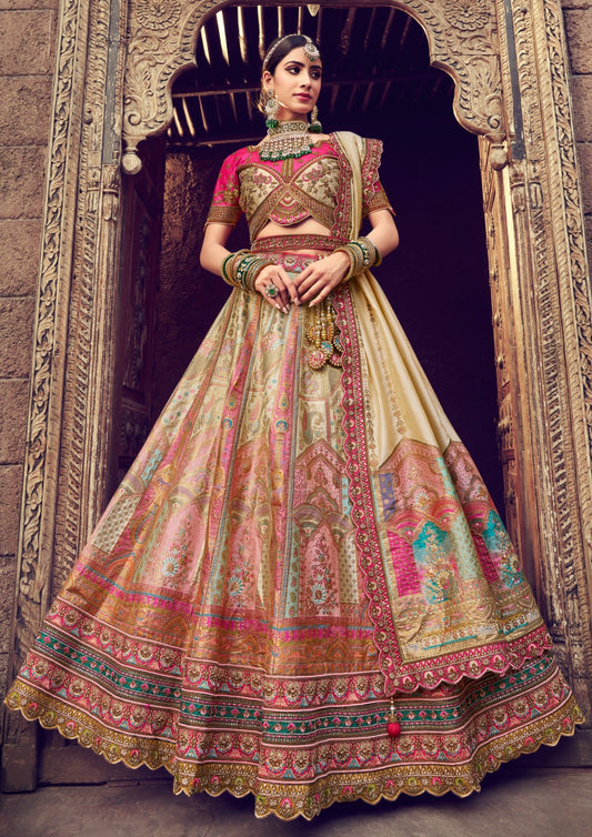 Cream pink banarasi silk luxury lehenga choli with dupatta online shopping price.