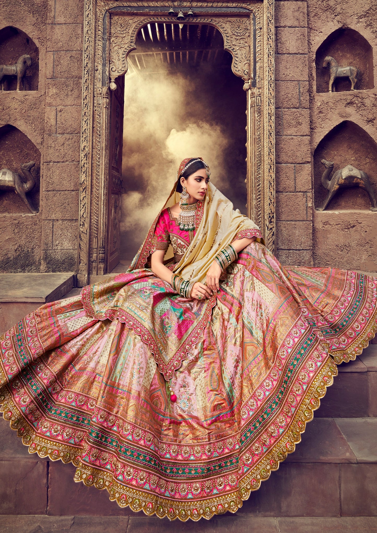 Cream pink banarasi silk luxury wedding lehenga choli with dupatta online shopping.