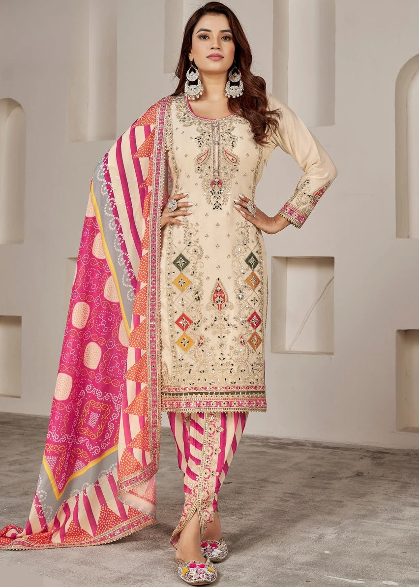 Readymade Cream & Pink Embroidered Chinon Silk Suit Set with Dhoti Style Pant