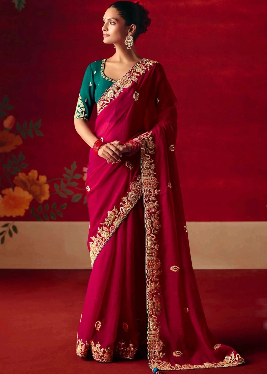 Designer Crushed Red Organza Tissue Silk Embroidered Saree & Green Blouse