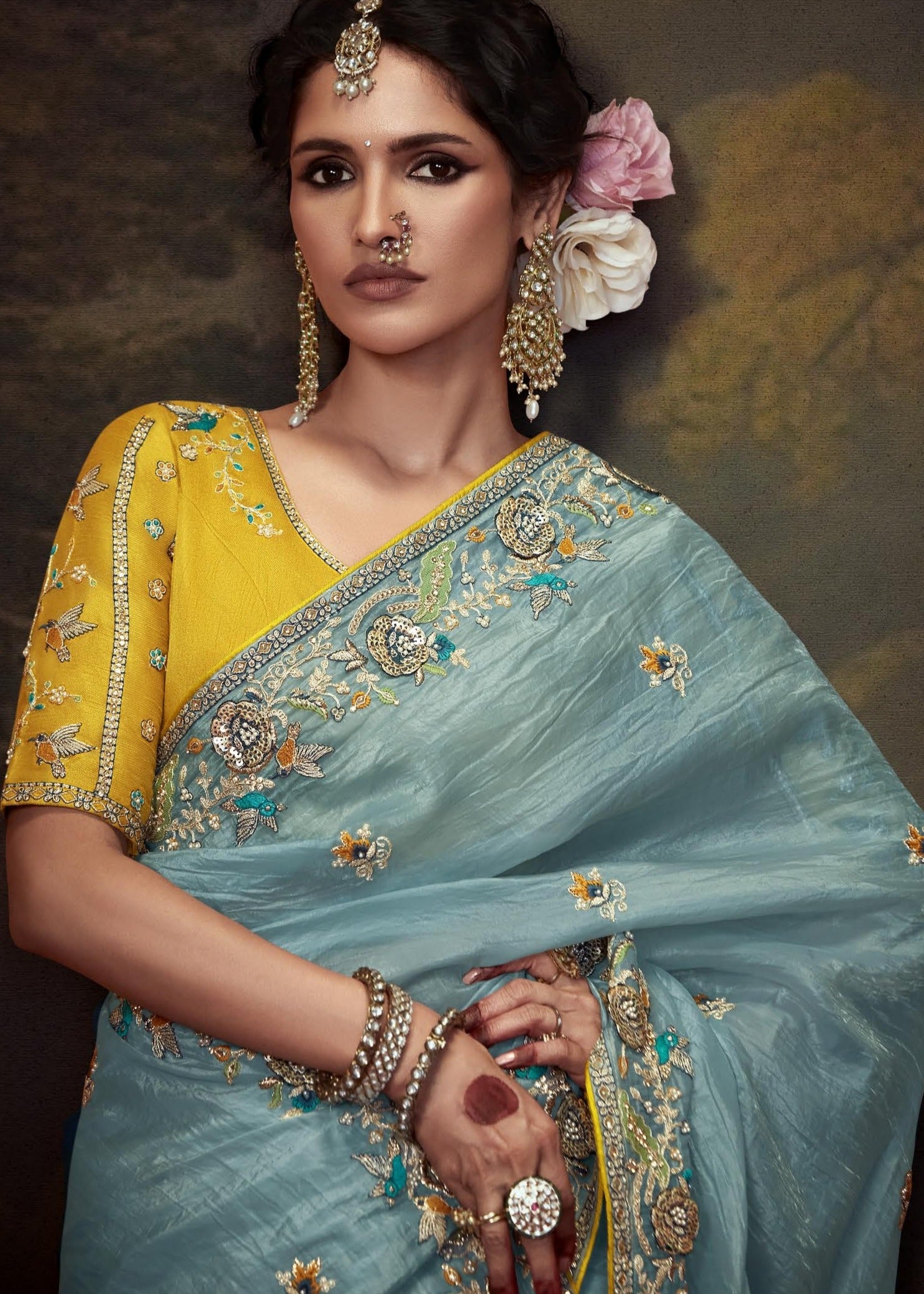 Crushed tissue silk pastel saree online with handwork embroidery for wedding.