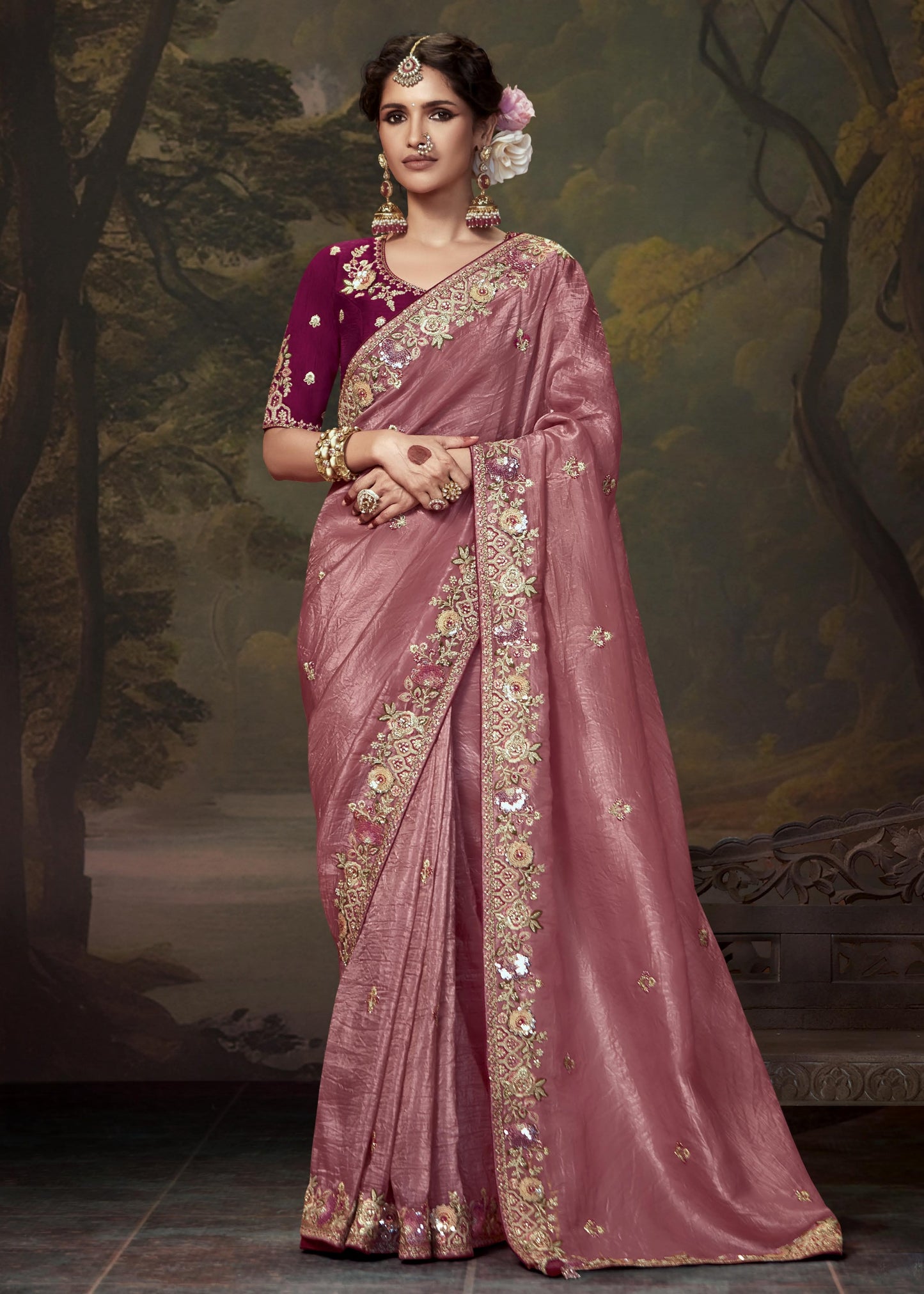 Crushed tissue silk peach saree in india online for bridal wear with contrast maroon red blouse.