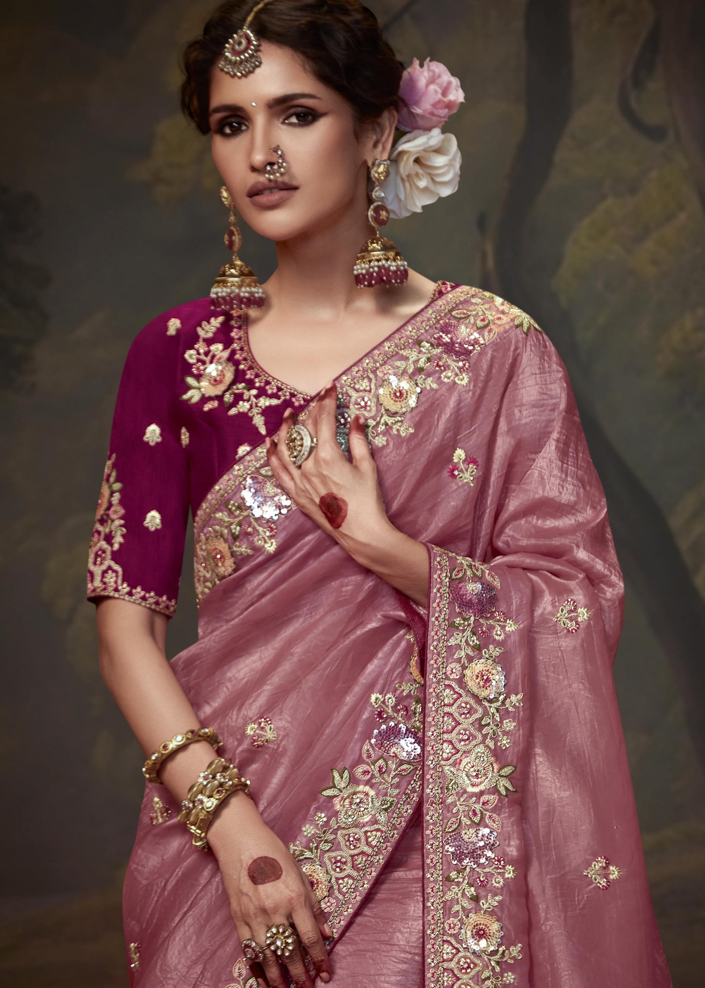 Crushed tissue silk peach saree in india online for bridal wedding look.