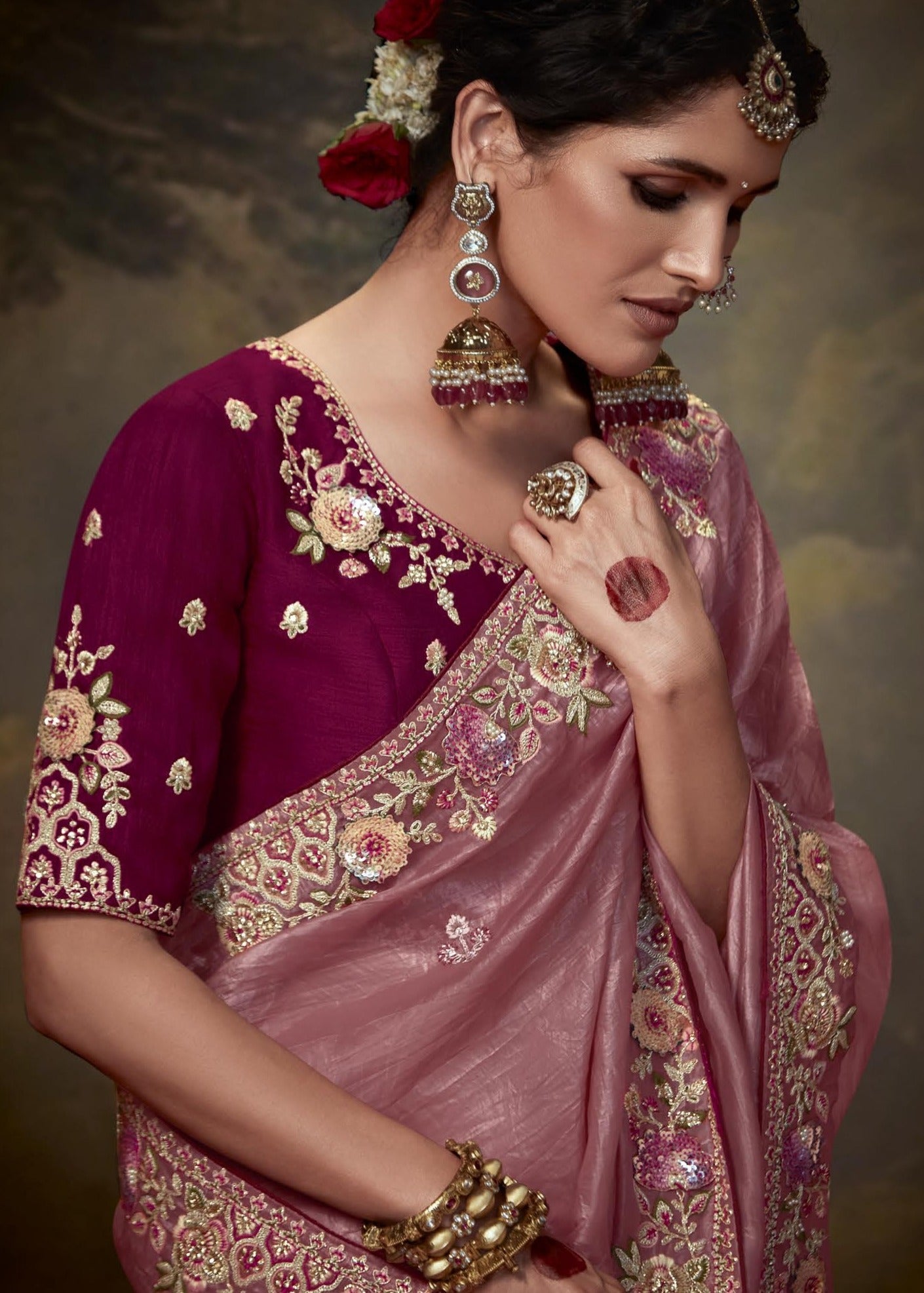 Crushed crinkled tissue silk peach & maroon red saree online india with price for bridal look.