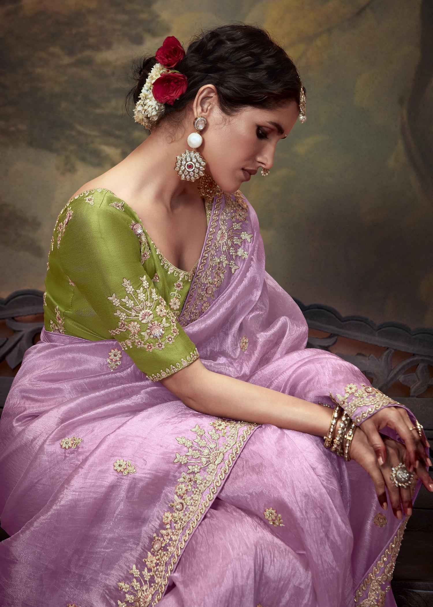 Crushed tissue silk pink & green saree usa online price for wedding look.