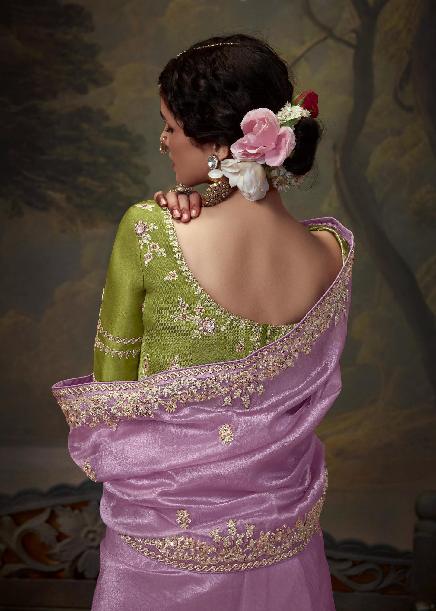 Pure crushed tissue silk pink & green saree usa online with price for bridal look.