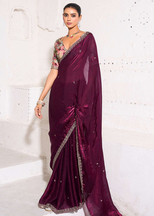 Crushed Tissue Wine Maroon Embroidered Saree & Printed Blouse