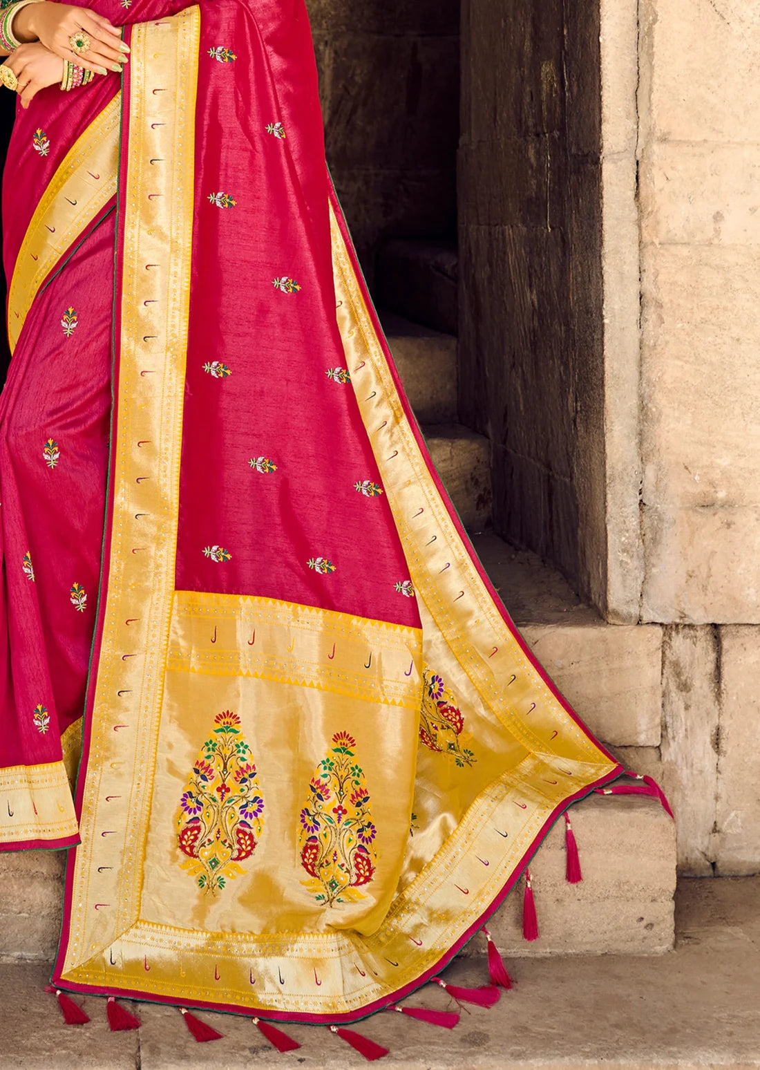Cut dana hand work embroidery red paithani silk saree design online shopping.