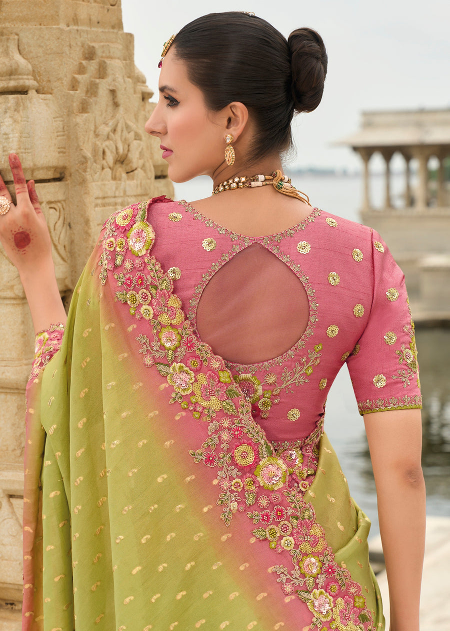 Party wear banarasi viscose tissue silk green pink ombre saree with artisan embroidery and cut work edge.