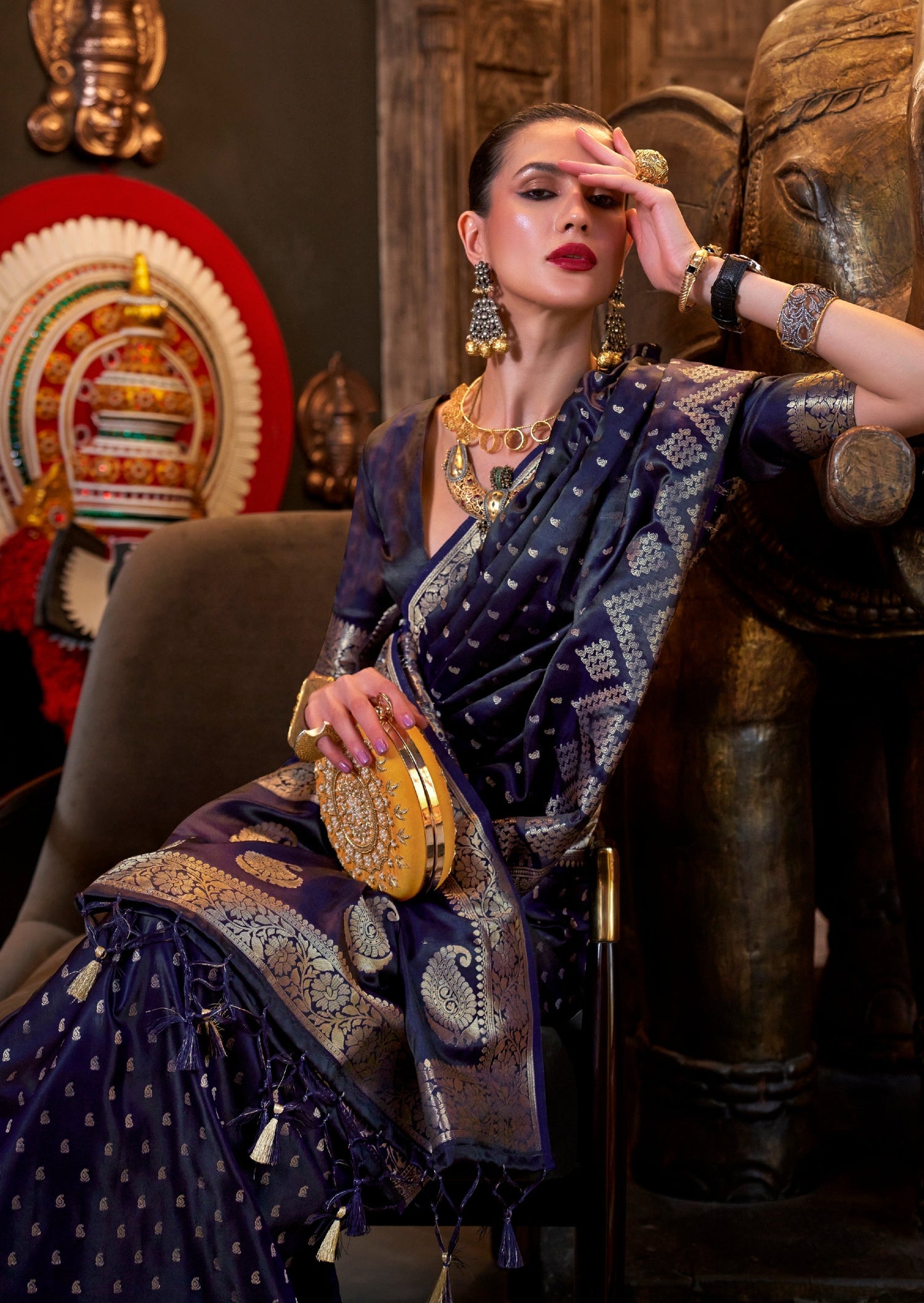 Dark blue banarasi satin silk saree usa uk uae online shopping.