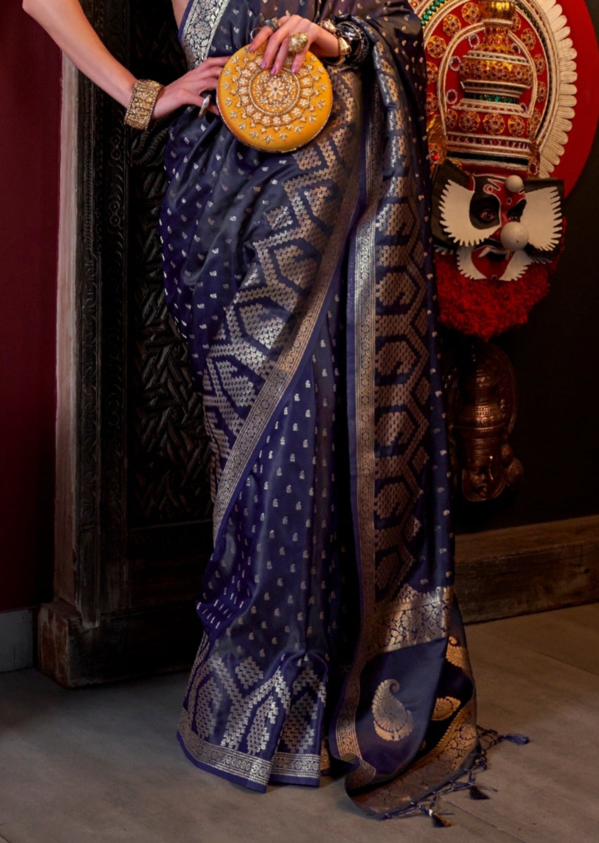 Dark blue banarasi satin silk handloom saree online shopping.