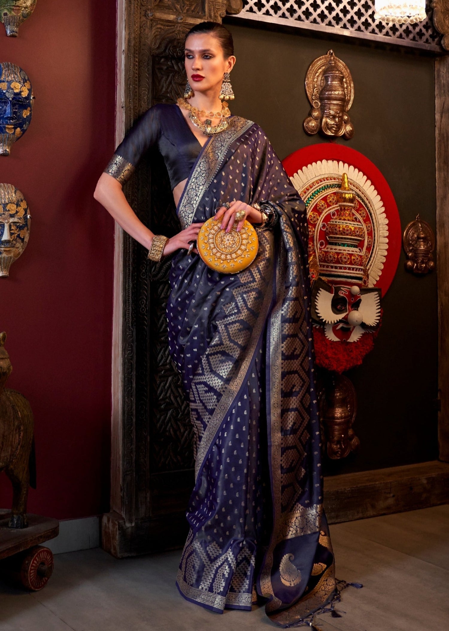 Pure Banarasi Handloom Silk Dark Blue Saree USA UK India UAE Online Sunasa