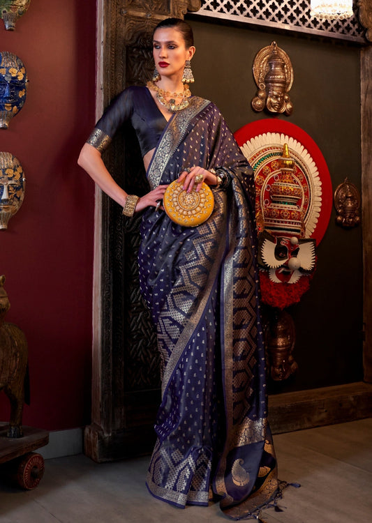 Dark blue satin saree blouse combination online designs.