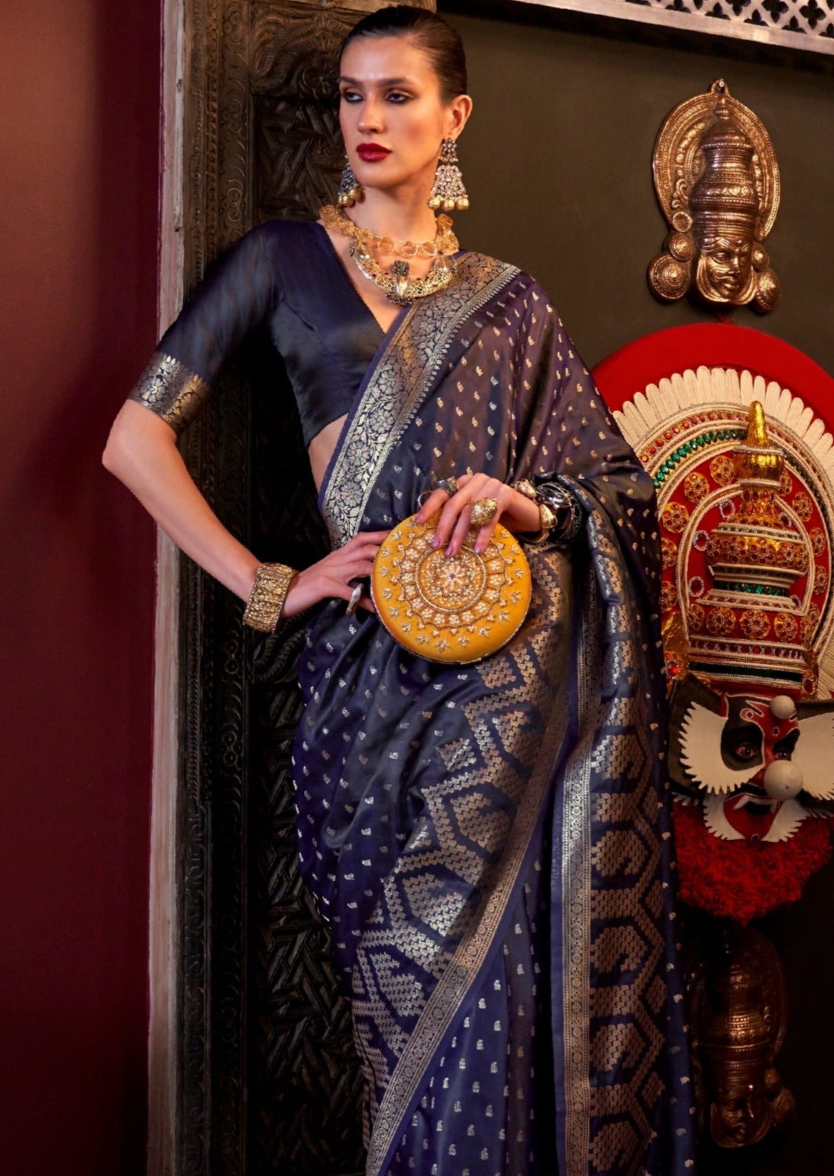 Dark blue banarasi satin silk handloom saree online shopping with price.
