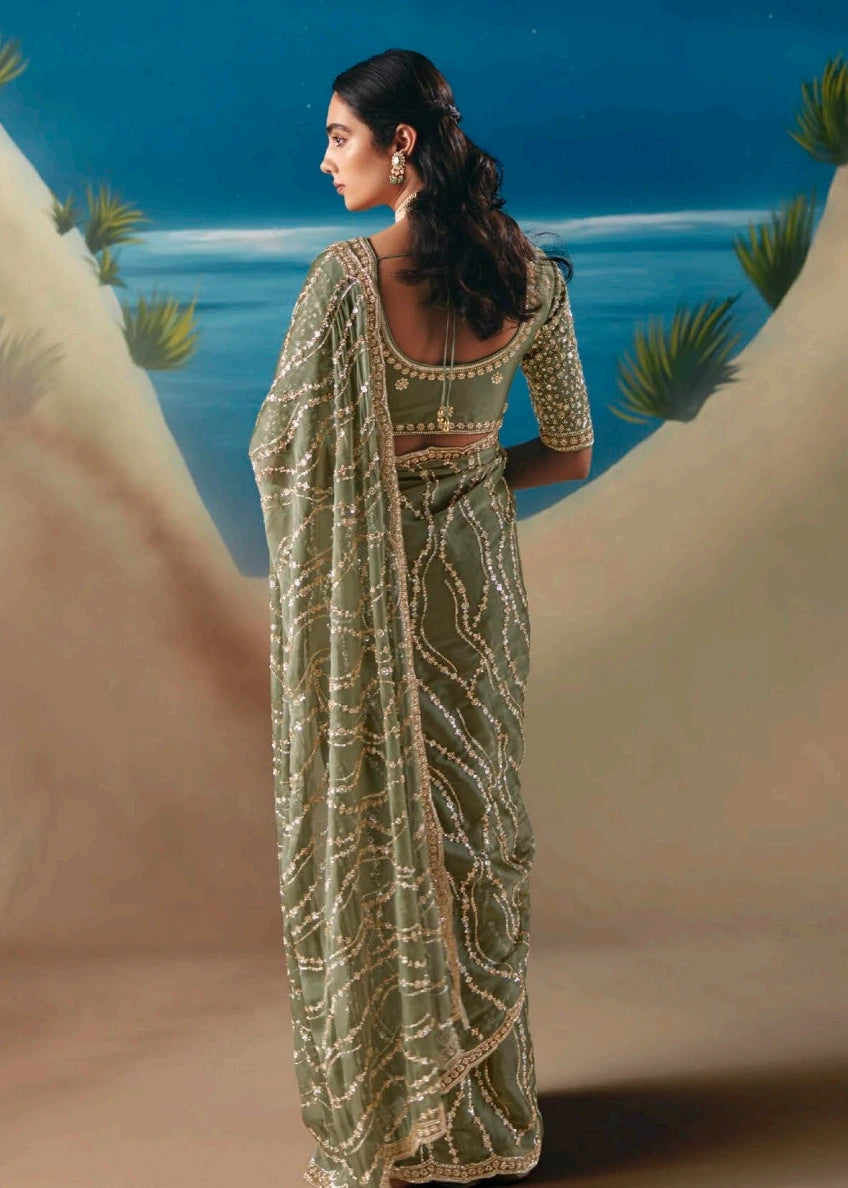 Designer olive green organza tissue bridal saree with sequins and beadwork hand embroidery for cocktail party, daytime wdding and engagement.