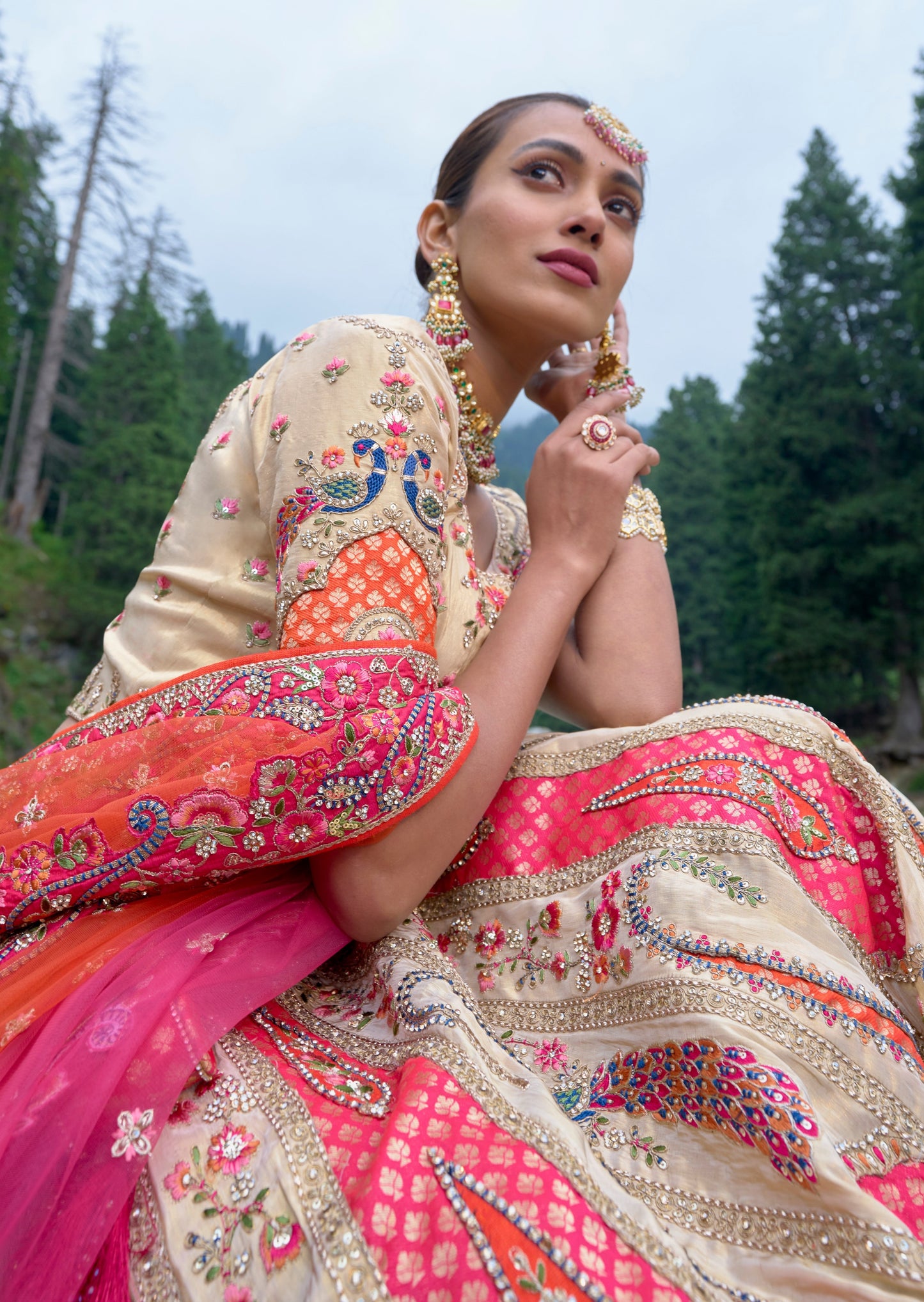 Buy Dark Cream Floral Mirror Work Lehenga Online in India @Mohey - Lehenga  for Women