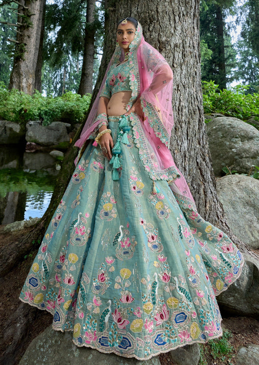 Designer bridal green lehenga choli with pink dupatta online usa uk dubai london.