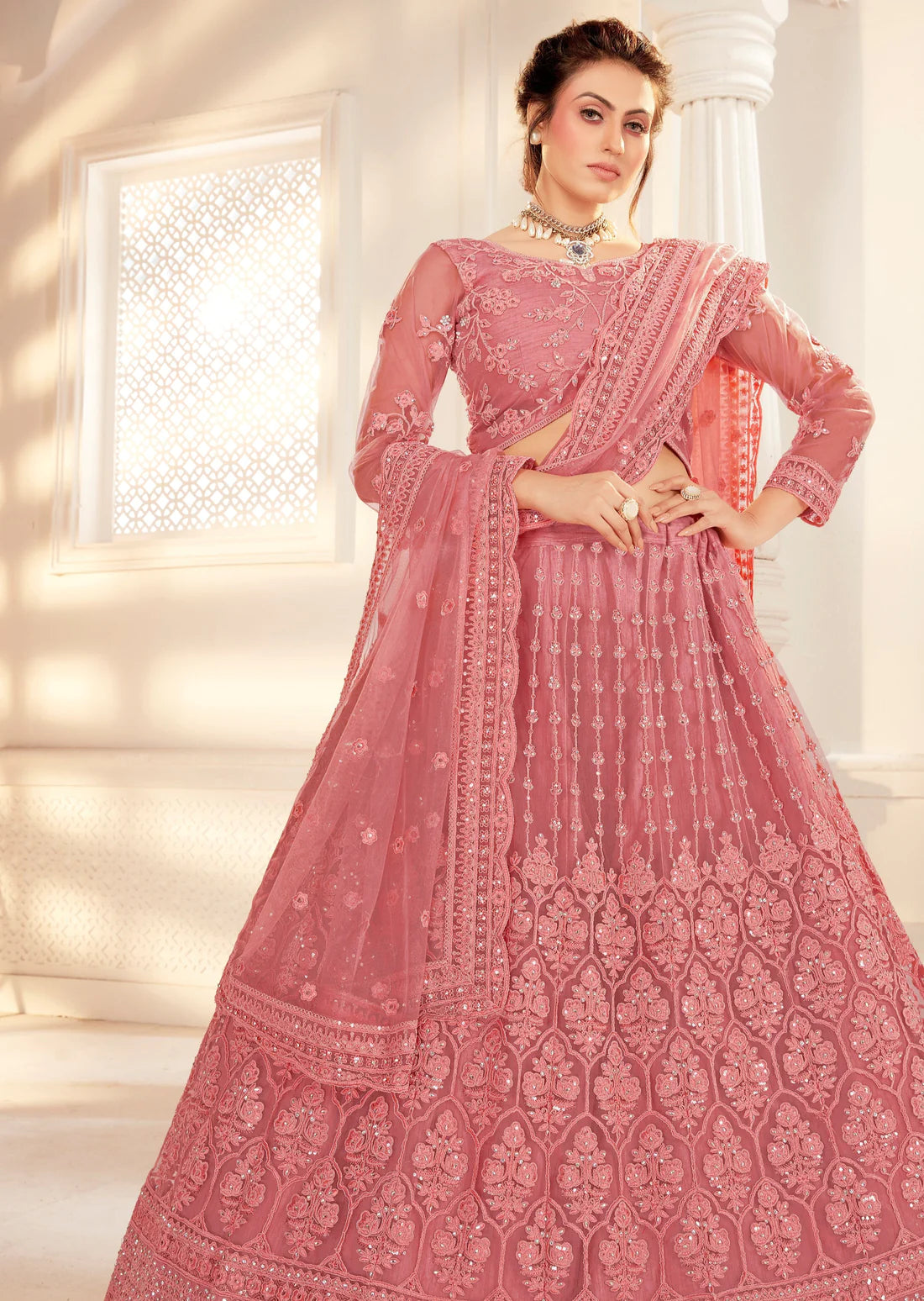 Designer light pink bridal lehenga choli online shopping for wedding.
