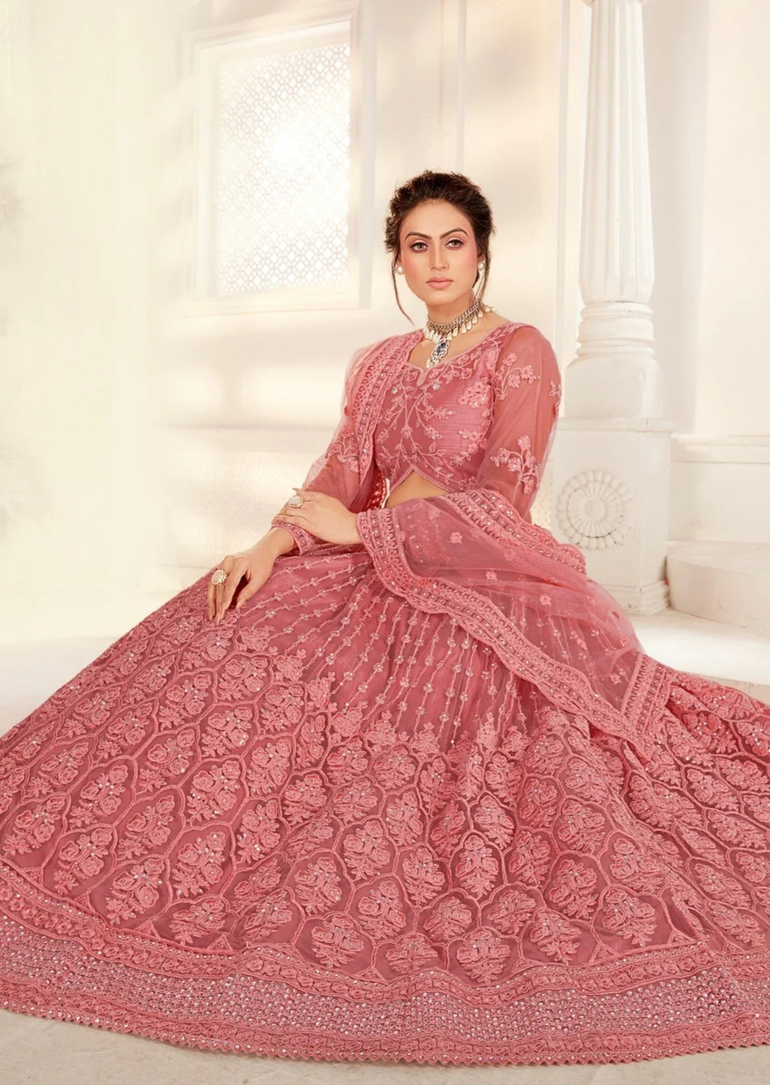 Women's rose pink lehenga choli online for bride.