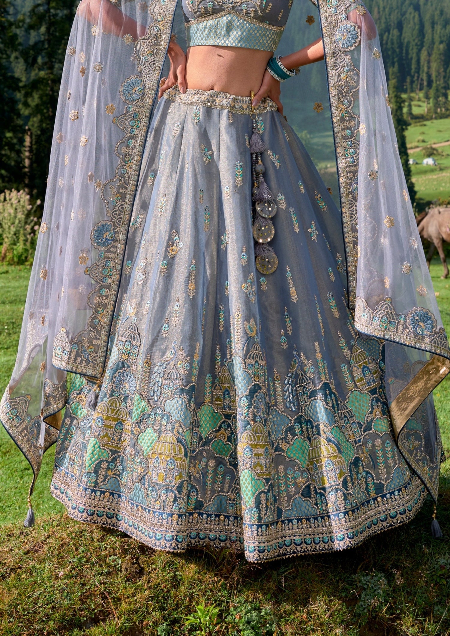 Emerald Green Embroidered Blouse With Powder Blue Lehenga Skirt Design by  Payal Singhal at Pernia's Pop Up Shop 2024