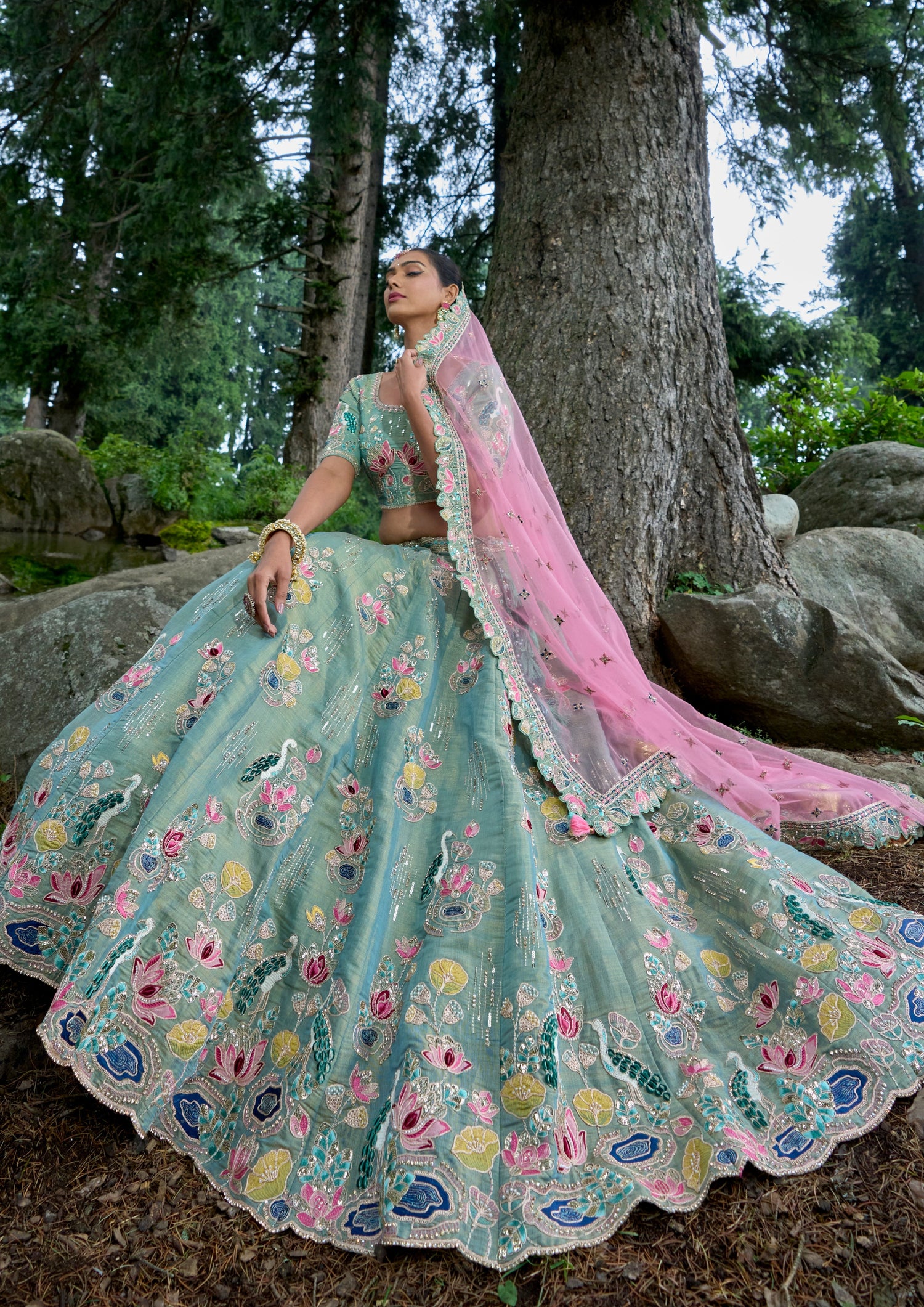 Designer bridal luxury green lehenga choli with pink dupatta online usa uk for wedding.