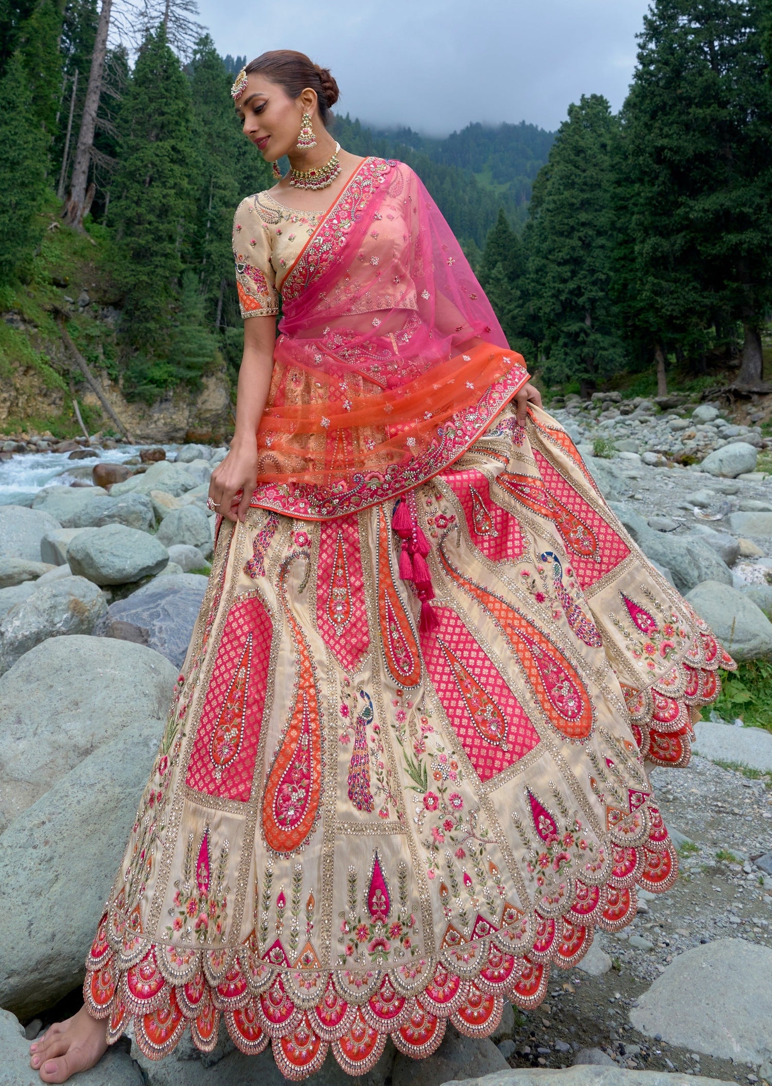Off-White Color panelled Wedding Lehenga With Thread And Foil Mirror Work