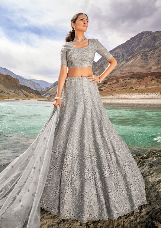 Designer bridesmaids lehenga choli with dupatta in grey color online shopping price usa uk.