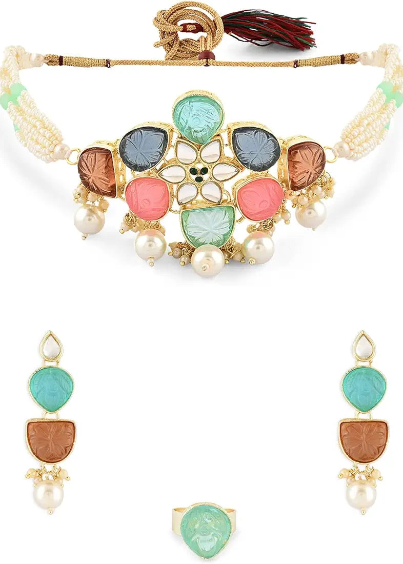 Multicolor Pearl Necklace Set With Earrings & Ring