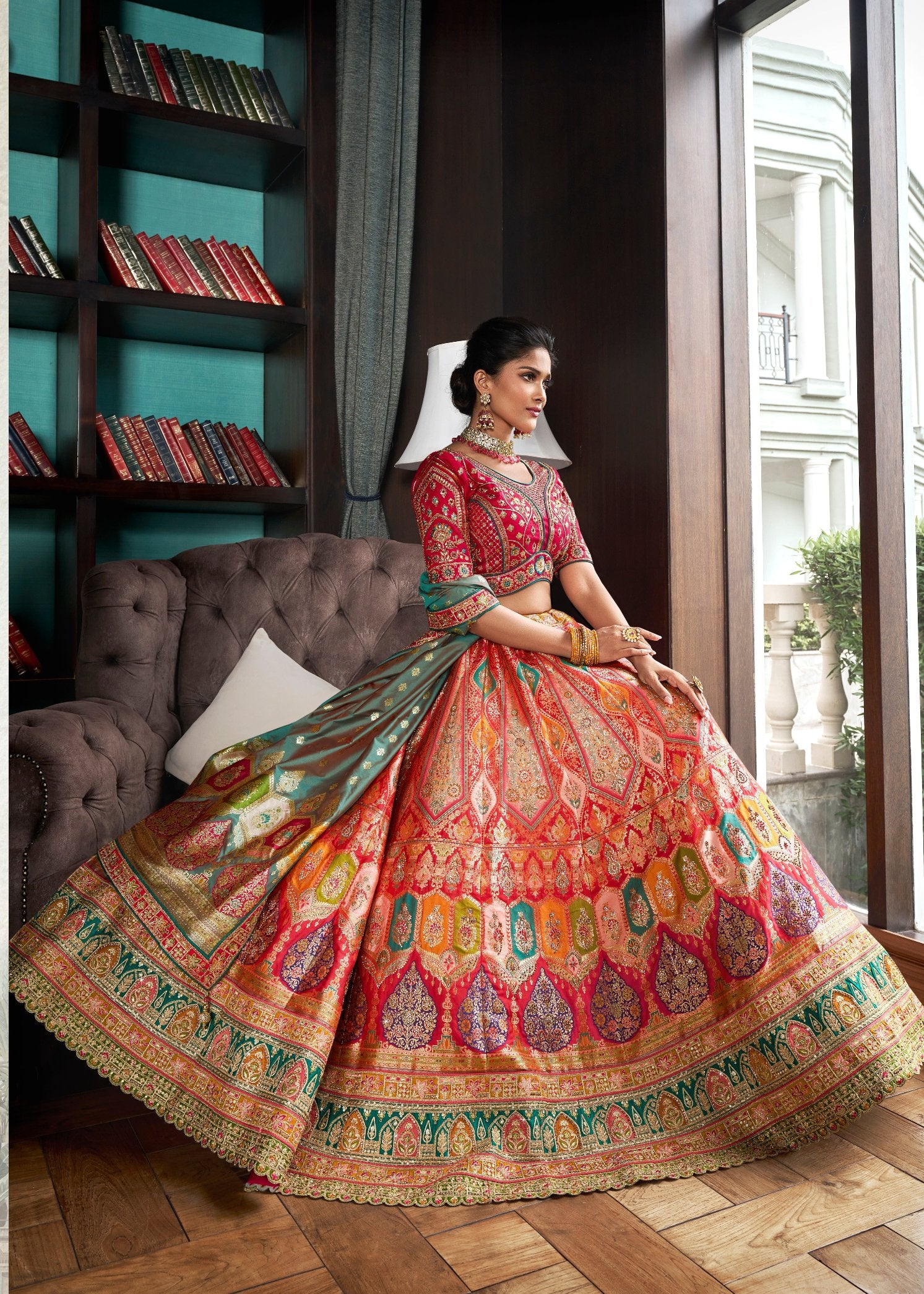 Designer silk lehenga choli in london uk online shopping for bride and bridesmaids in peach color with green blouse.