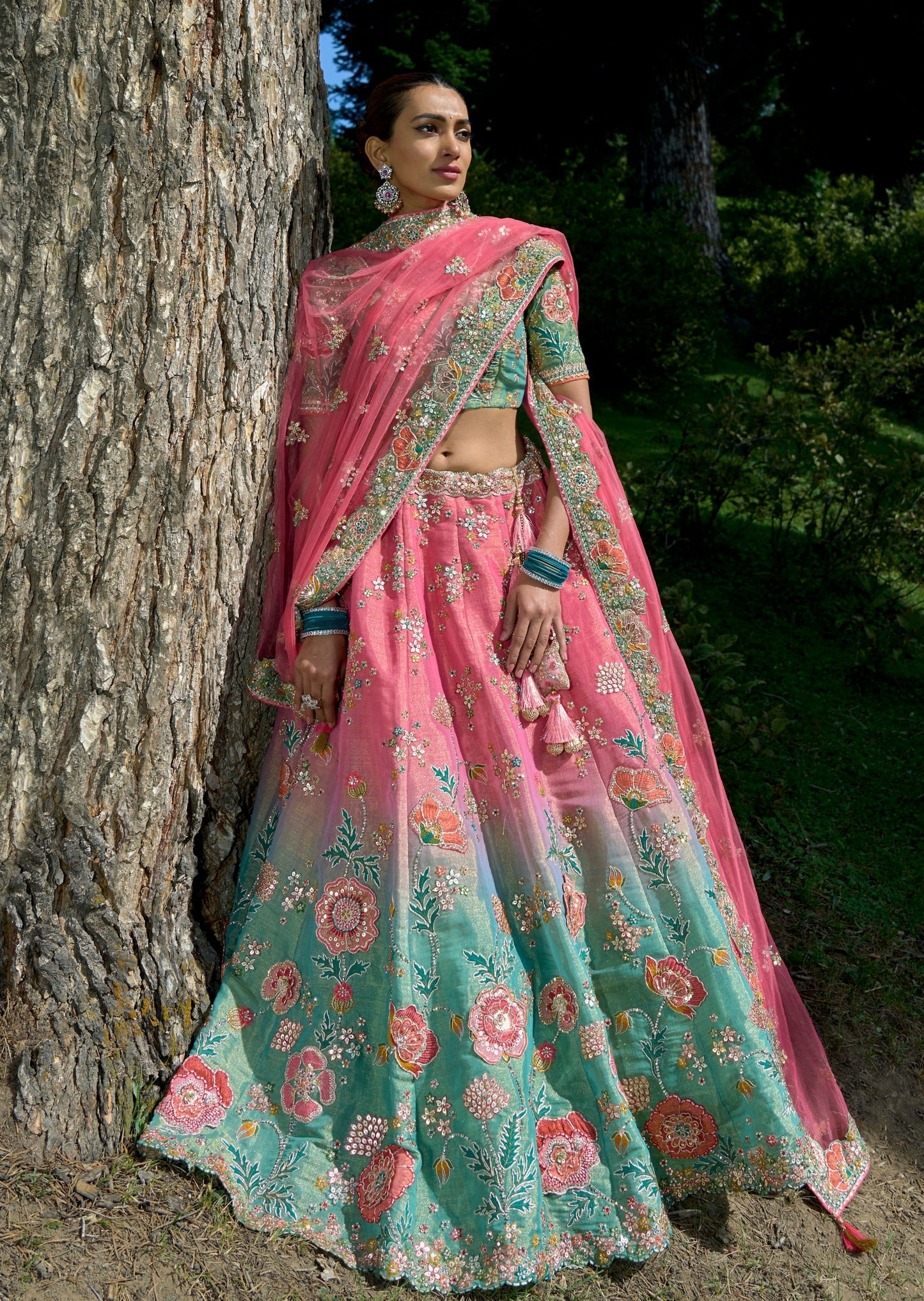 Banarasi Silk Wedding Lehenga in Green with Moti work - Wedding Lehenga -  Lehenga