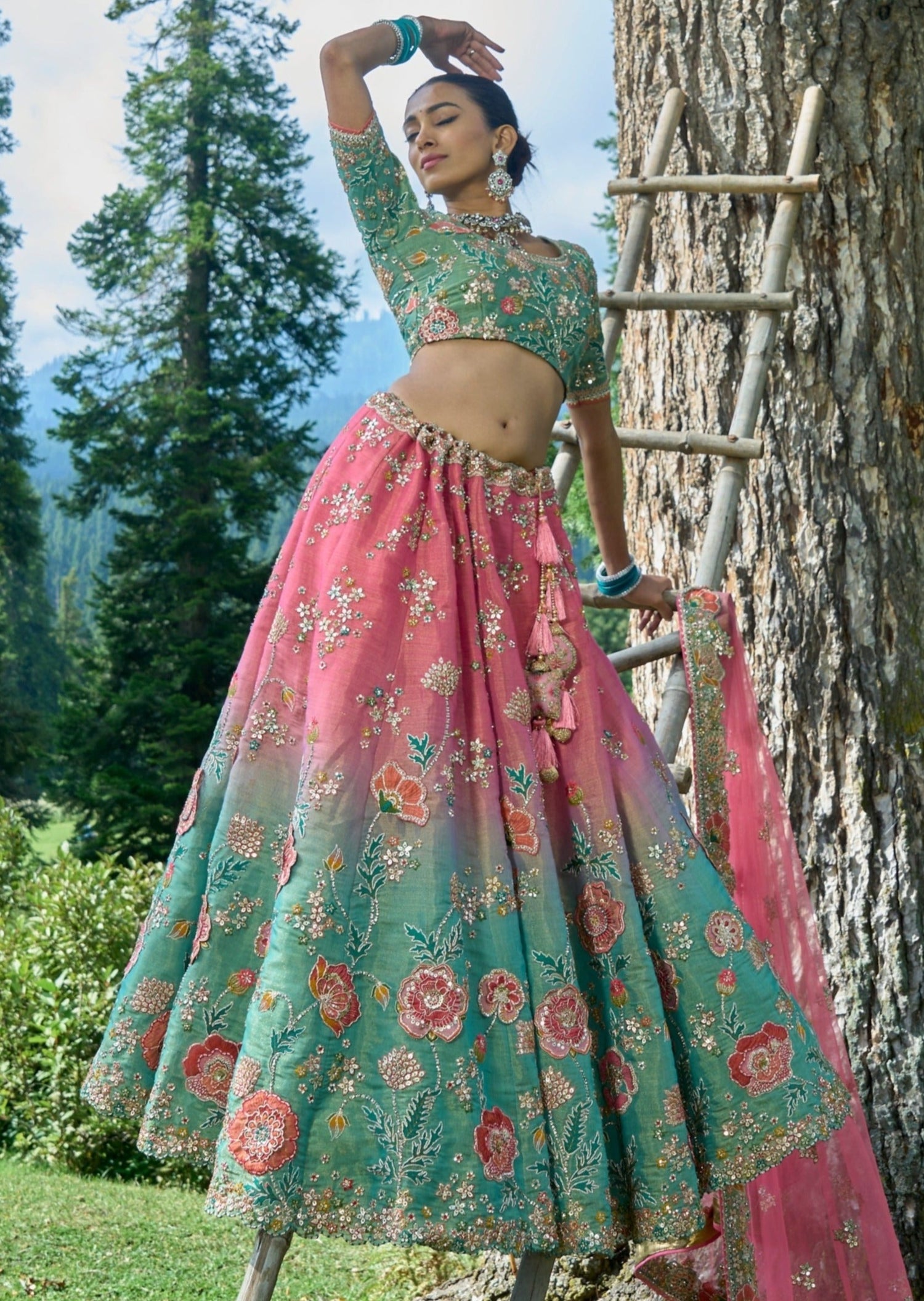 Designer luxury bridal lehenga choli green pink online shopping for wedding usa.