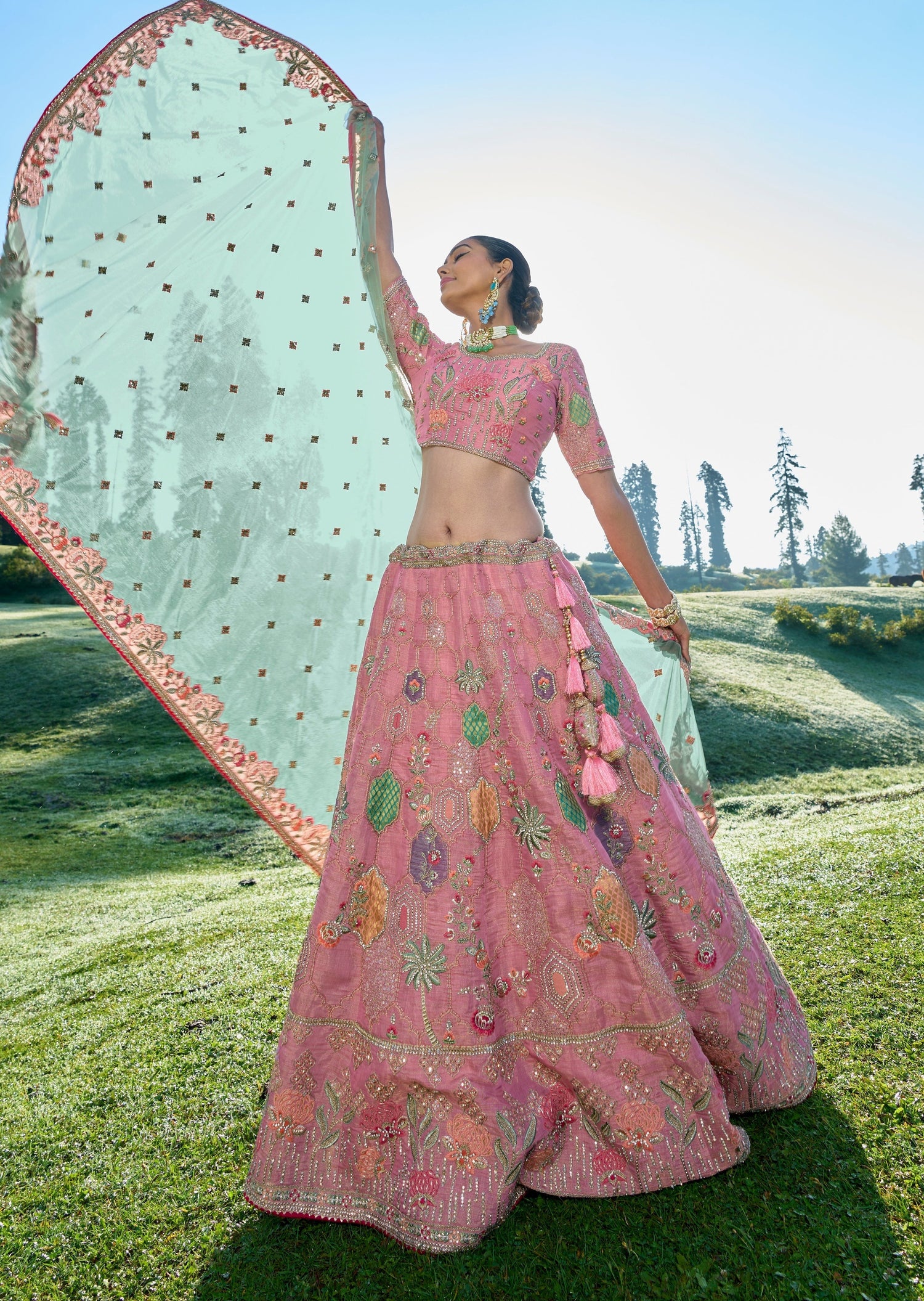 Buy Geranium Pink Bel Buti Patterned Bridal Lehenga Online in India @Mohey  - Lehenga for Women