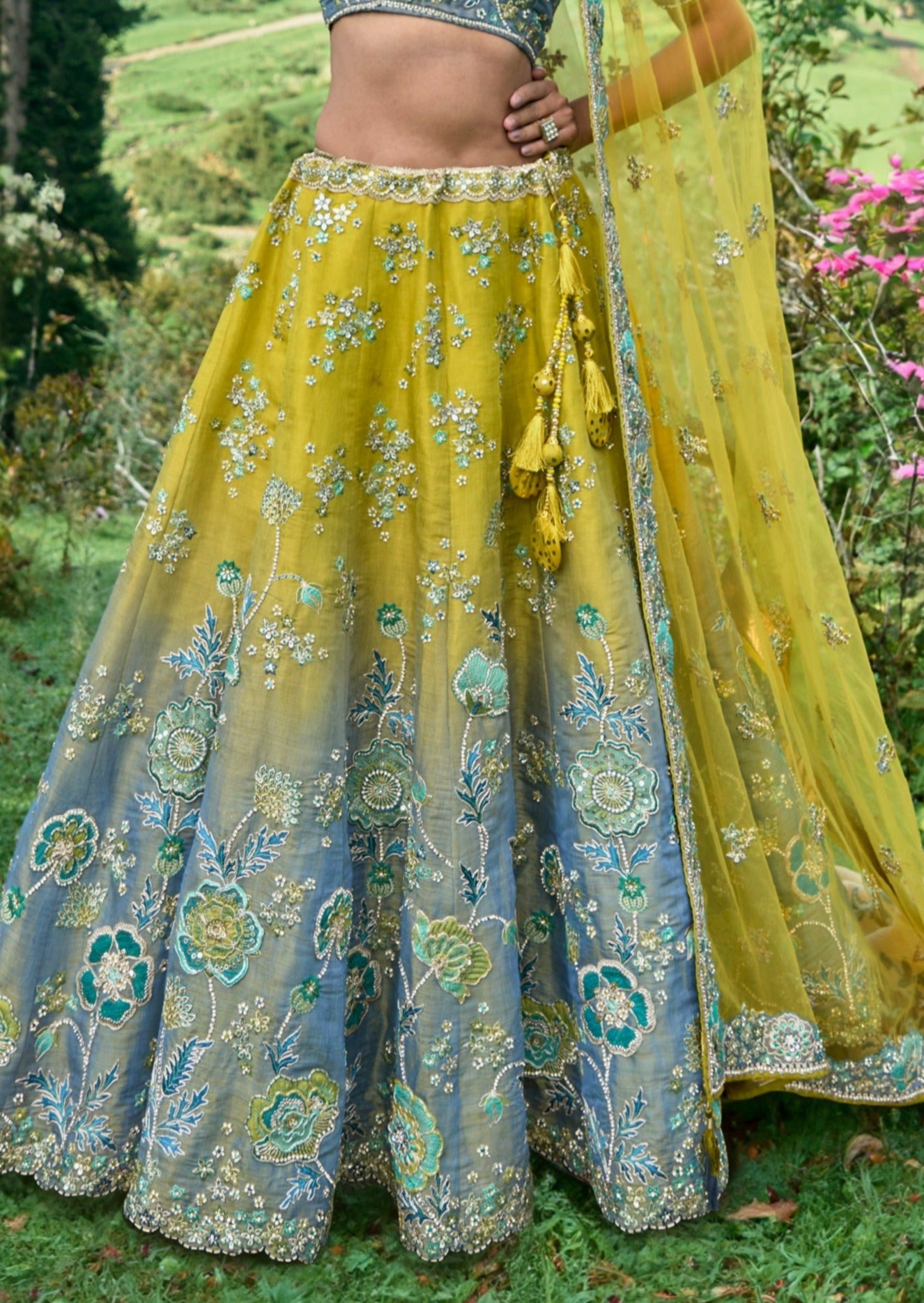 Buy Yellow Lehenga And Dupatta Georgette Embroidered Mirror Round Set For  Women by Basanti - Kapde Aur Koffee Online at Aza Fashions.