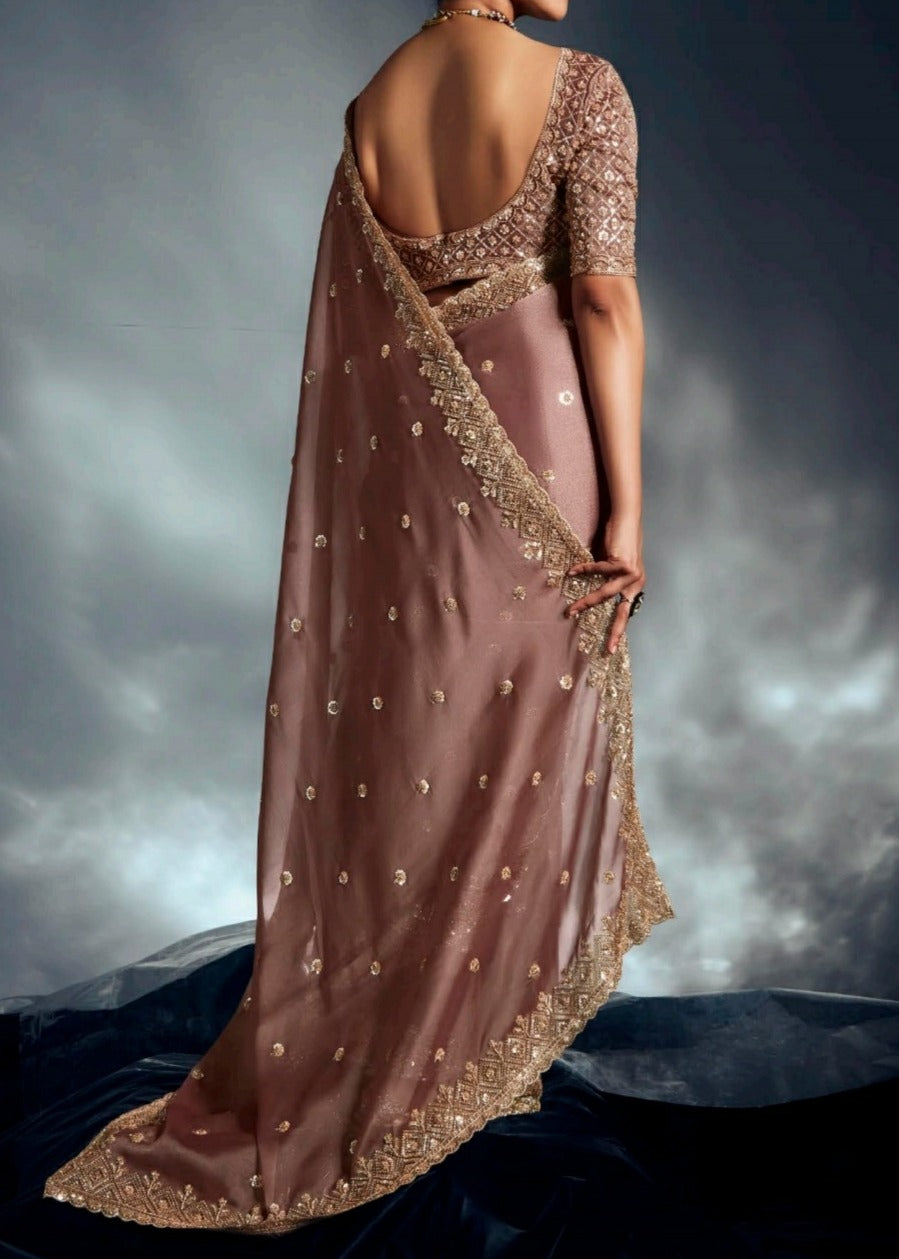 Designer brown organza tissue silk saree in usa for bridesmaids with delicate hand embroidery.