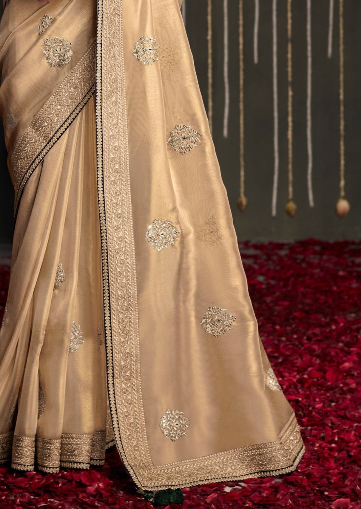 Designer organza tissue silk gold embroidered saree online for bride.