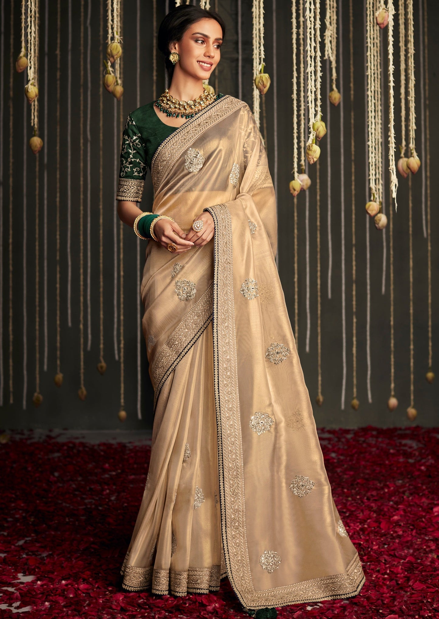 Designer organza tissue silk light gold embroidered saree online shopping price uk.