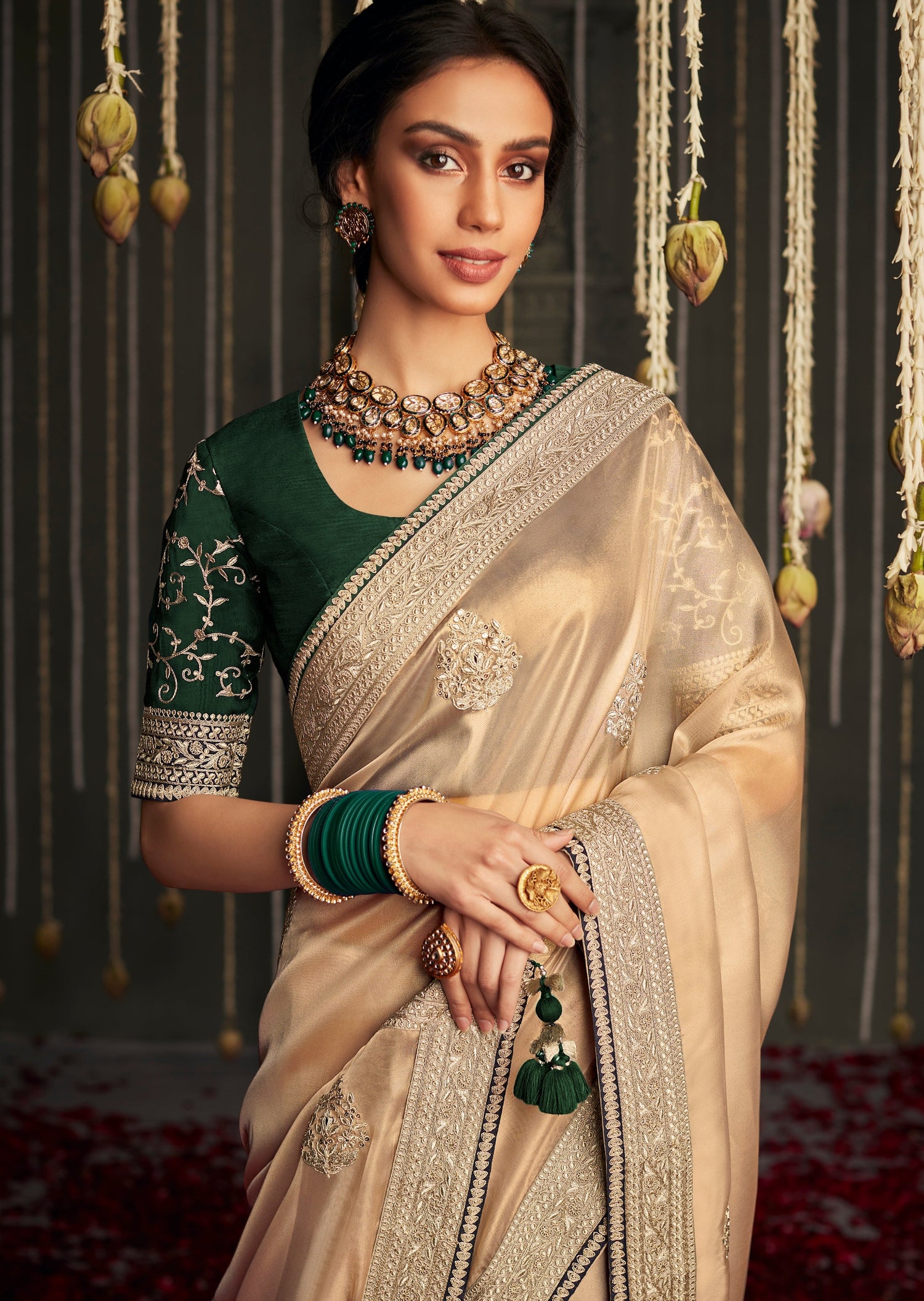 Designer organza tissue silk light gold embroidered saree online shopping for bride.