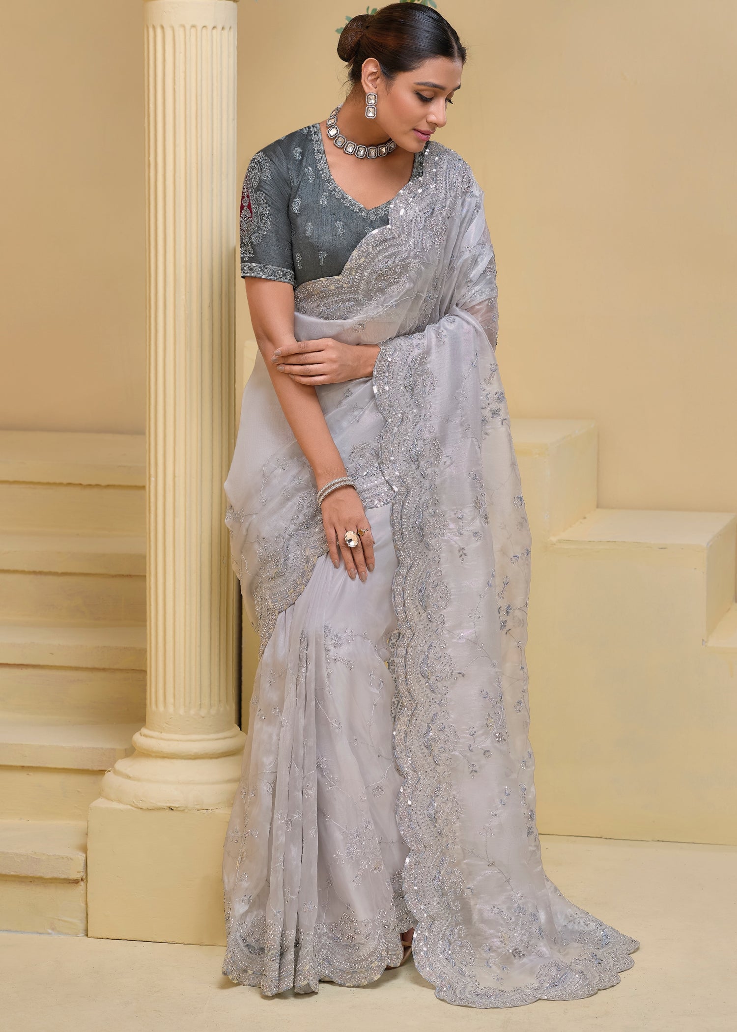 Designer party wear grey saree in usa online shopping for women.