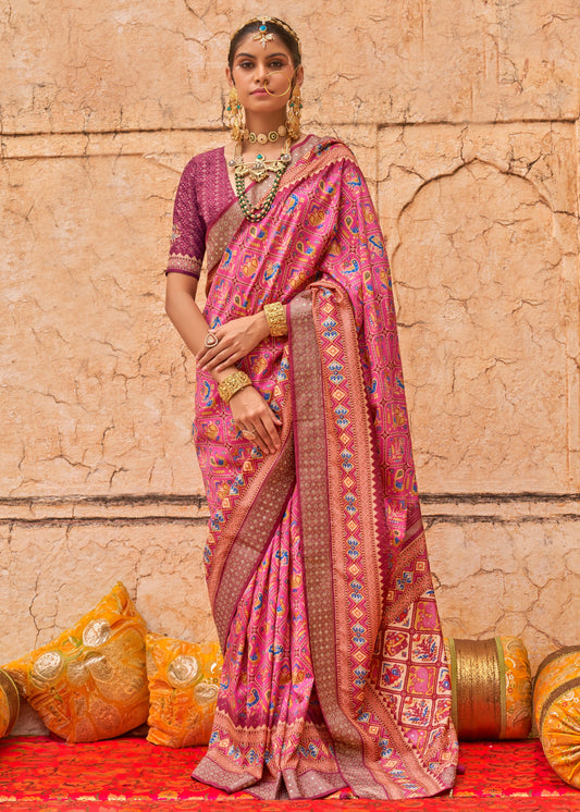 Shop designer pink patola silk bridal saree online in india and usa for wedding look.