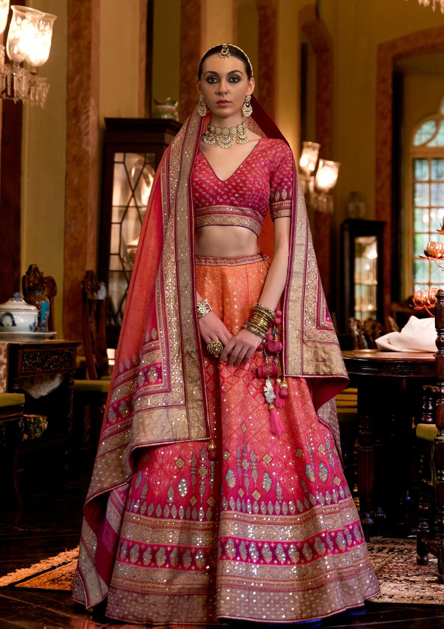 Designer Pure Silk Bridal Lehenga Choli (Pink Orange)
