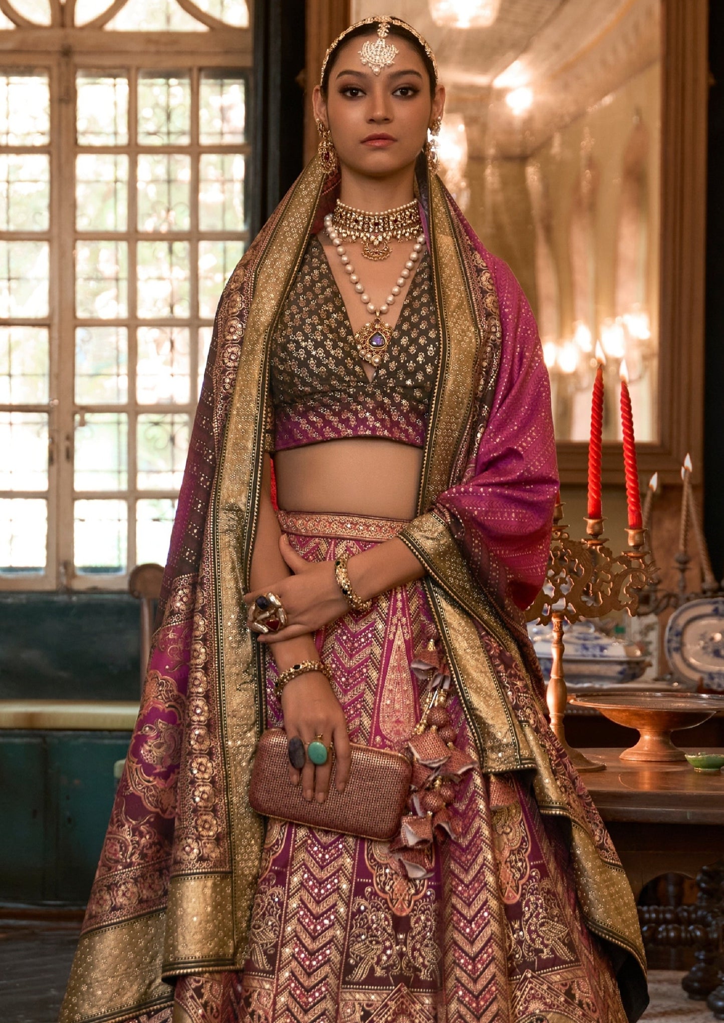 Bridesmaid in Designer Pure Silk Zari Bridal Pink & Brown Lehenga Choli