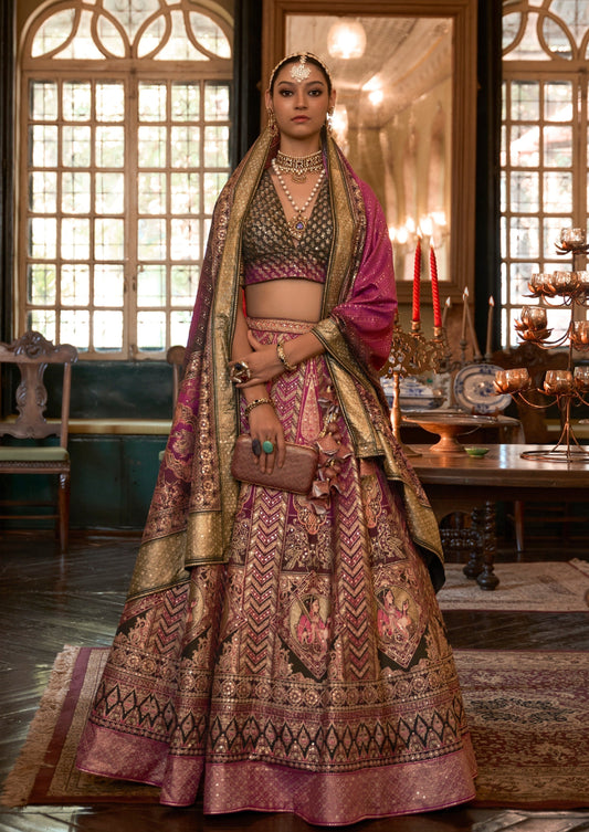 Bride in Designer Pure Silk Zari Bridal Pink & Brown Lehenga Choli.