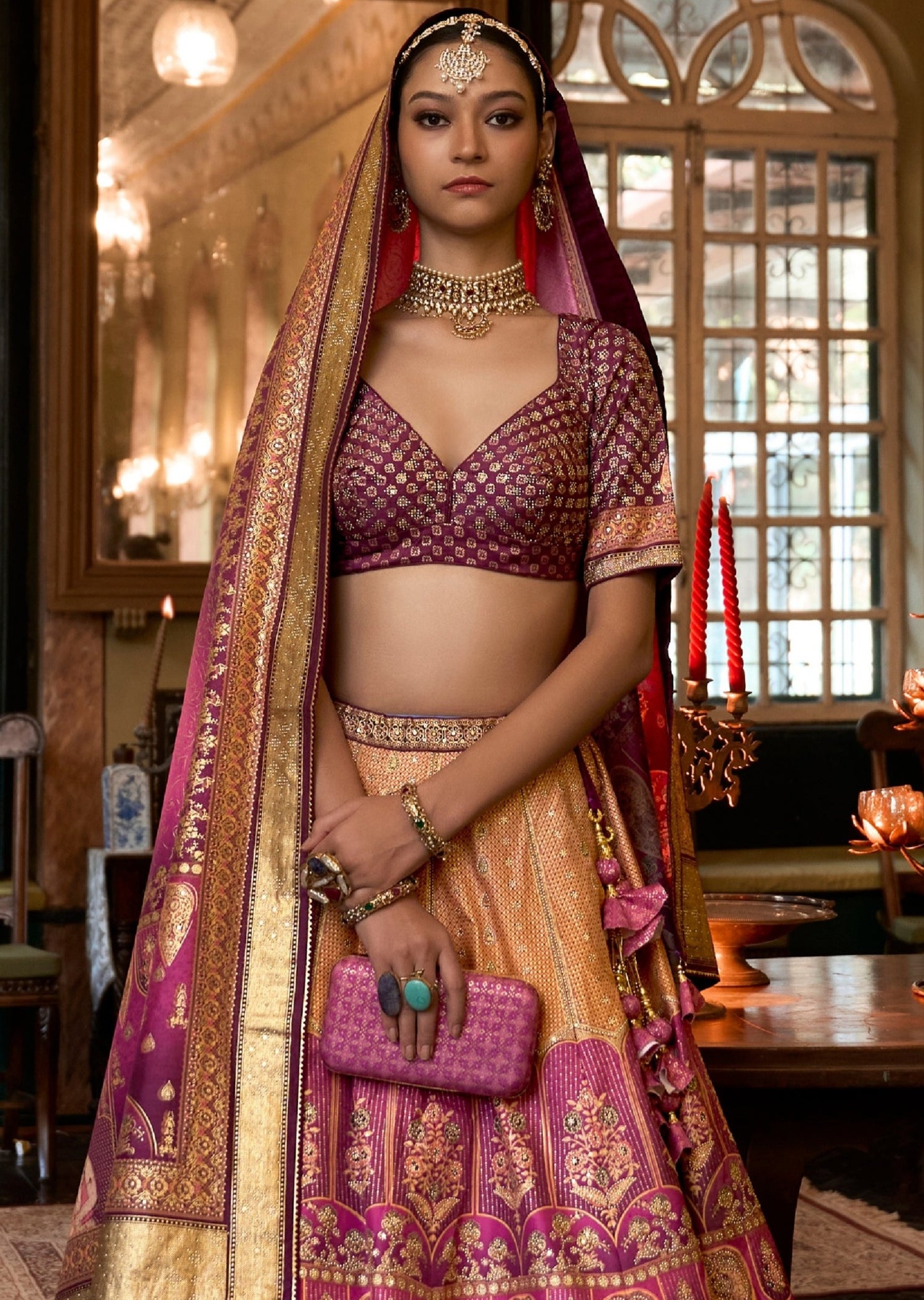 Bride in designer pure silk zari bridal lehenga choli with dupatta.