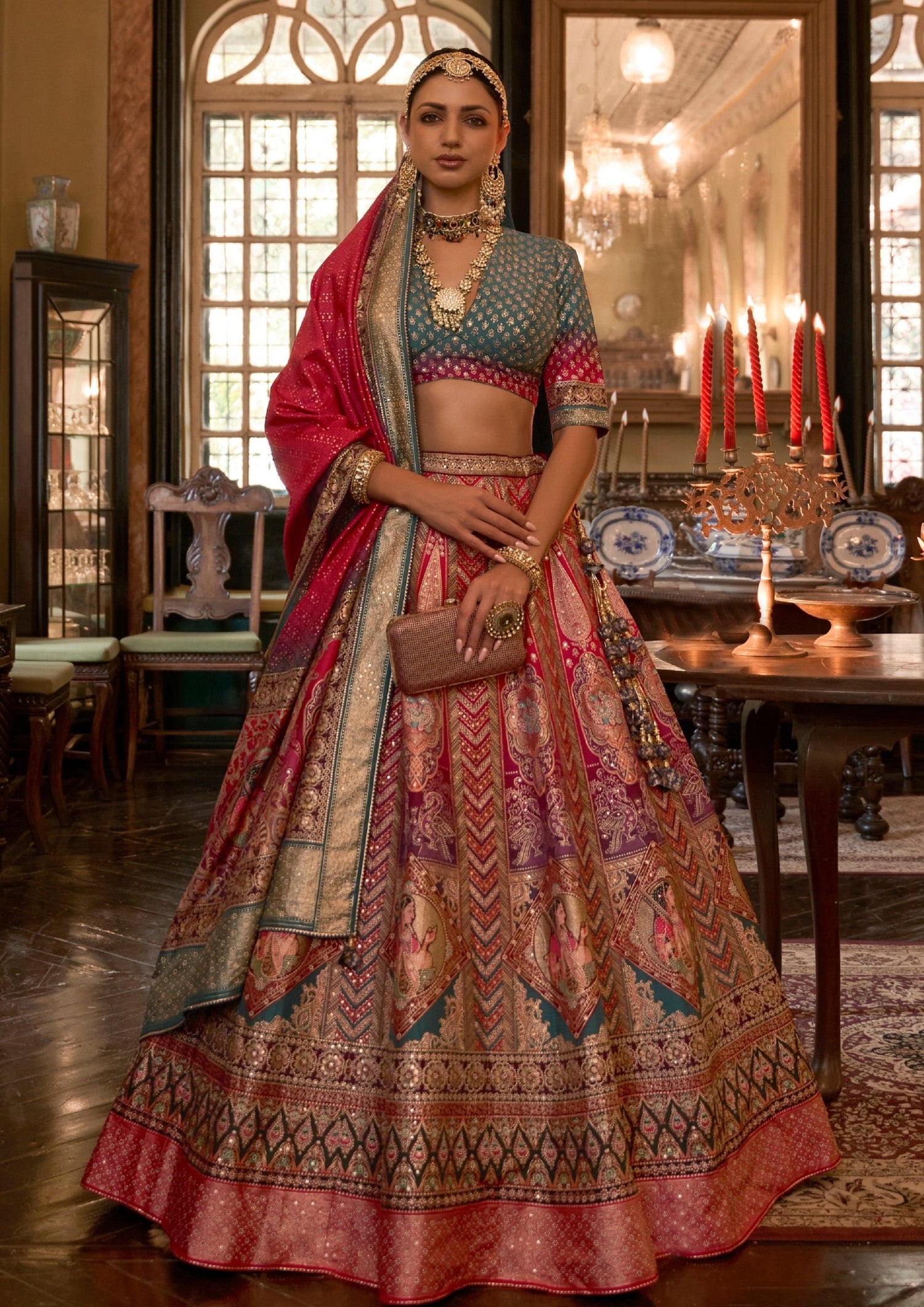 Bride in Designer Pure Silk Zari Work Bridal Red Lehenga Choli & Blue Blouse