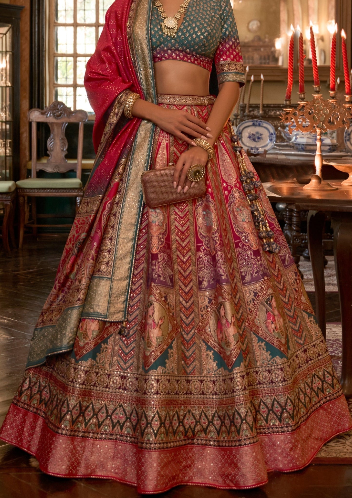 Designer Pure Silk Zari Work Bridal Red Lehenga Choli & Blue Blouse design