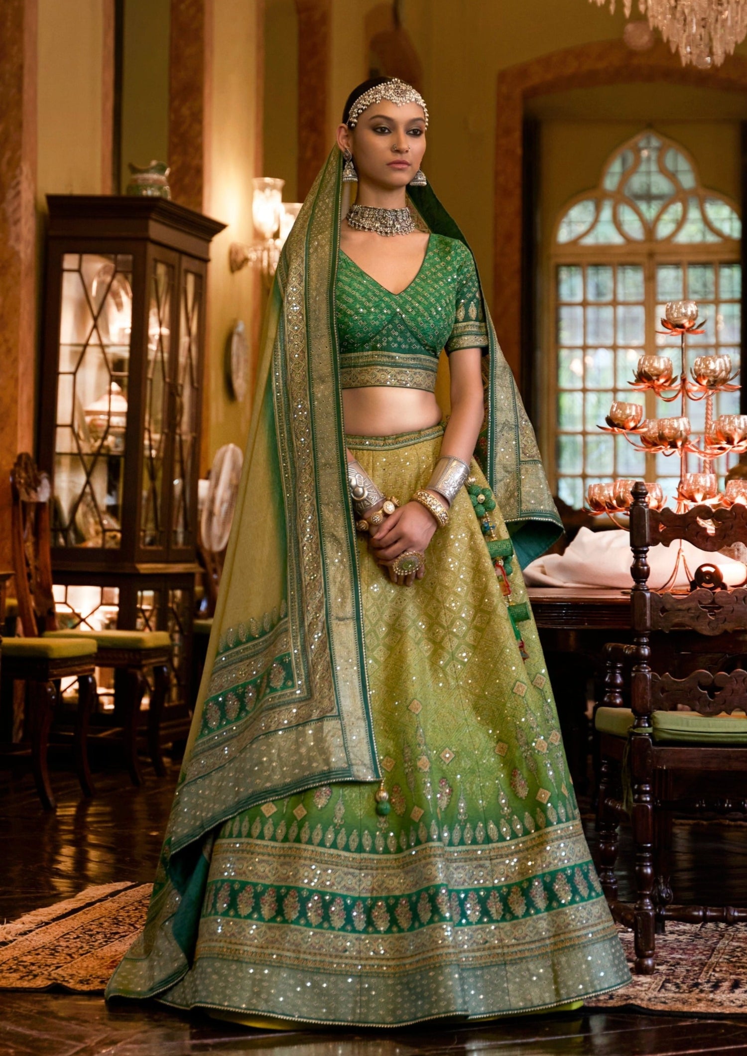 designer silk bridal lehenga choli green